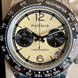EUC Parnis 39mm Quartz Panda Chronograph w Tachymeter Date S/S Bracelet Links+